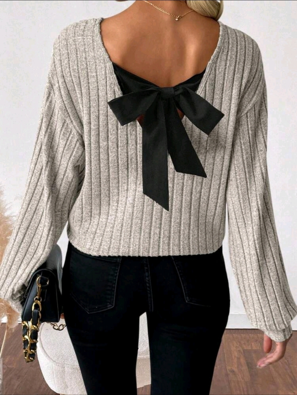 Gray Open Back Bow Long Sleeve V Neck Blouse Sizes 6 8 & 14 - Picture 3 of 3